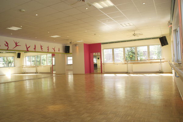 Blick in den Tanzsaal mit Spiegelwand und heller Fensterfront – freundliche Atmosphäre zum Tanzen.